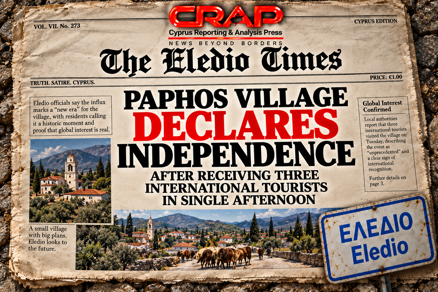 Paphos Village, Eledio, Declares Independence After Receiving Three International Tourists
